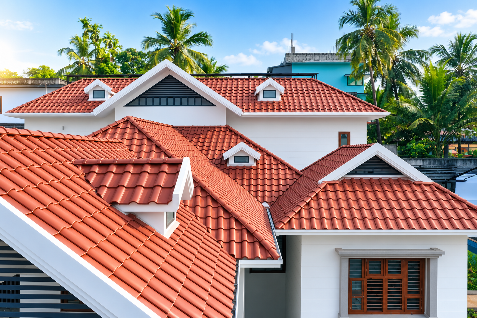 Terracotta ceramic roof tiles on a modern house