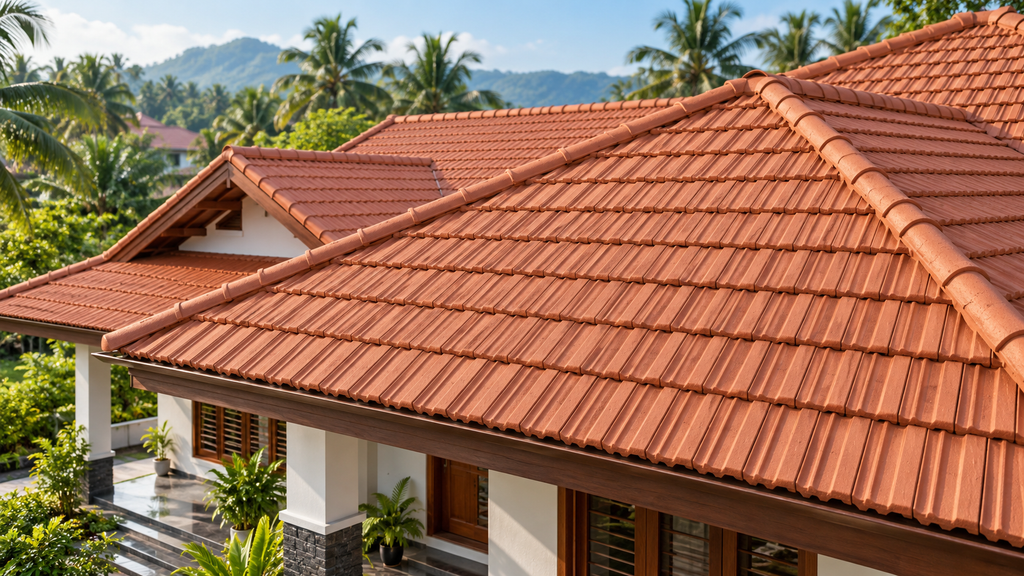 Terracotta clay roof tiles on a modern Kerala house