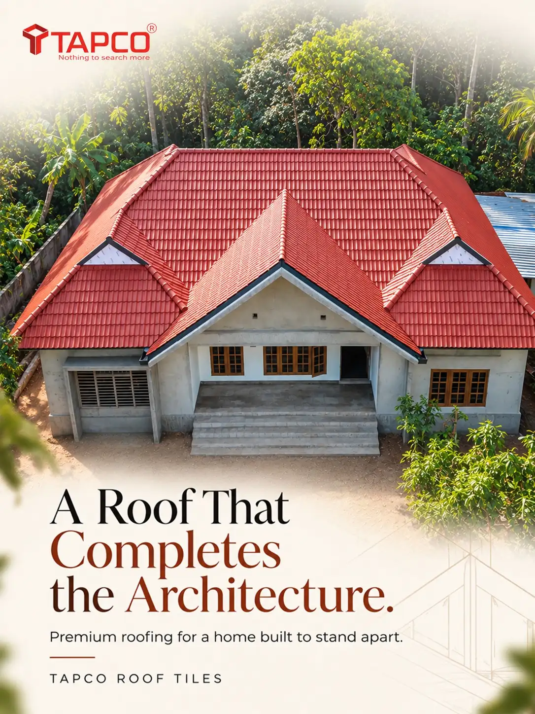 Completed home in Kalanjoor, Pathanamthitta, using Tileking Elbano terracotta roof tiles