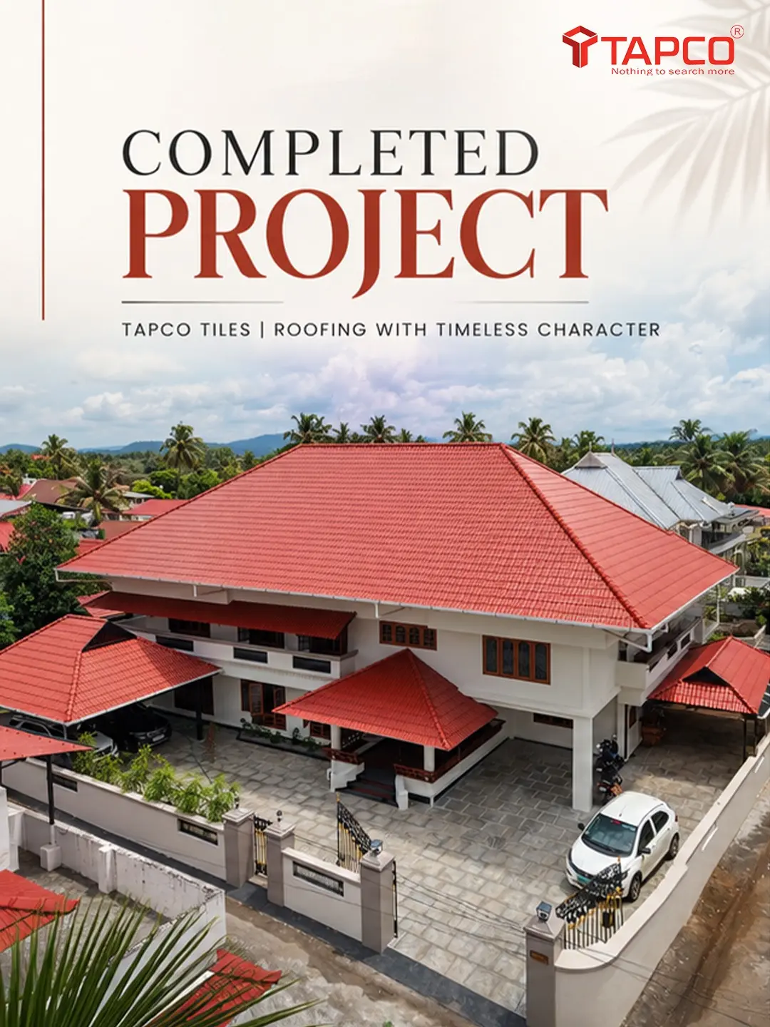 Completed home in Kizhakkumpattukara, Thrissur, with TAPCO Elbano terracotta roof tiles
